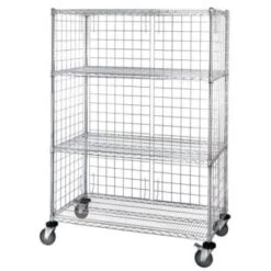 Quantum Storage Systems® Chrome Wire 3 Sided 4 Shelf Cart With Enclosure Panel 18wx48lx63h Inch