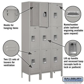 Salsbury IndustriesĀ® Gray-Triple Tier-Standard Metal Locker 6 Feet X 15 Inches - Image 2