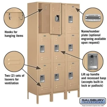 Salsbury IndustriesĀ® Triple Tier-Tan-Standard Metal Locker 6 Feet X 15 Inches - Image 2
