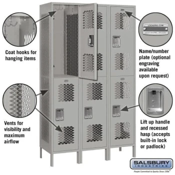 Salsbury IndustriesĀ® Double Tier-Gray-Vented Metal Locker 6 Feet X 18 Inches - Image 2